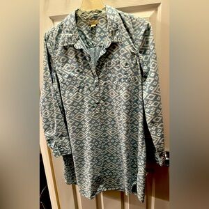 LUCKY BRAND Blue Chambray Denim Look Cream Ivory Ikat Boho Cotton Shirt Dress XL